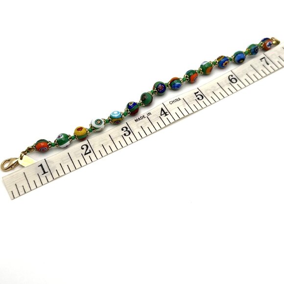 Venice Murano Millefiori Glass Mosaic Bracelet Multicolored Beads Gold-Tone 7.5 - Picture 4 of 5